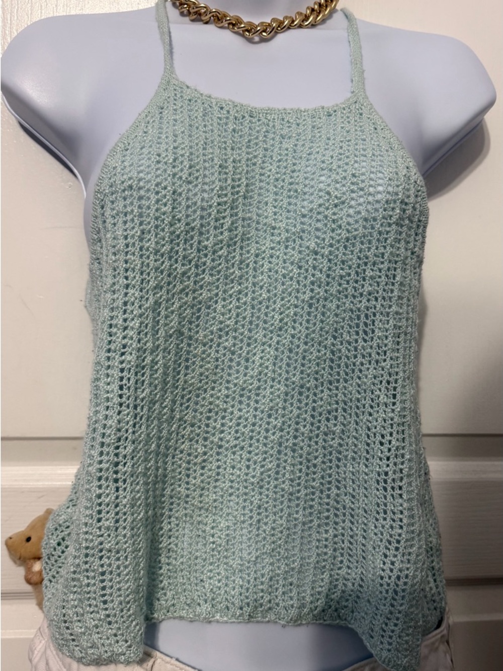 Sleeveless Open-Knit Halter Cami in Light Mint